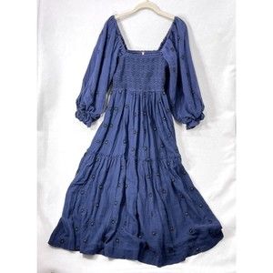Free People Dress Women XL Blue Dahlia Embroidered Maxi